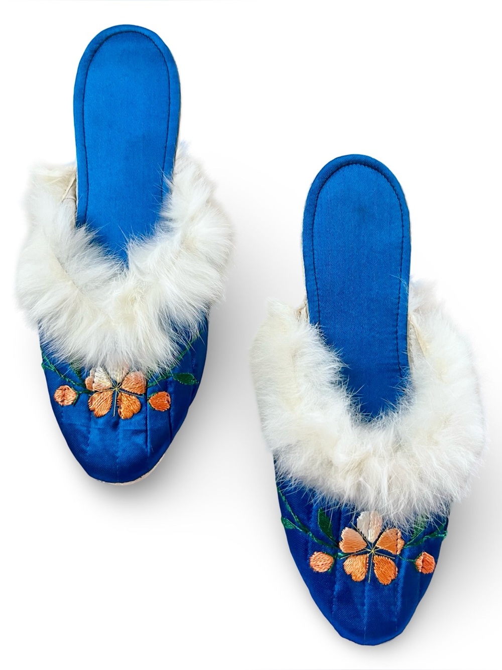 Vintage 50s 60s Embroidered Blue Satin Boudoir Slippers Fur Trim Mules Sz 6